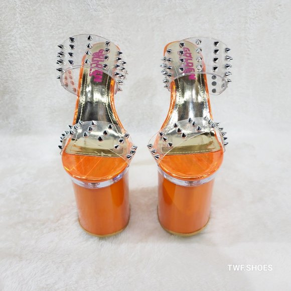 Sleek Slim 8" Towering Platform Heels Orange Double Clear Spiked Straps … - Picture 10 of 12
